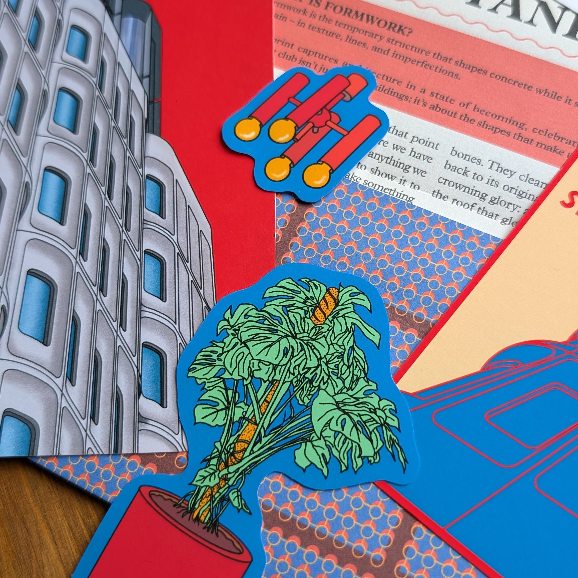 Formwork print club, the standard hotel. Colorful paper cutouts of a building, tree, and abstract shapes on a architecture newspaper background